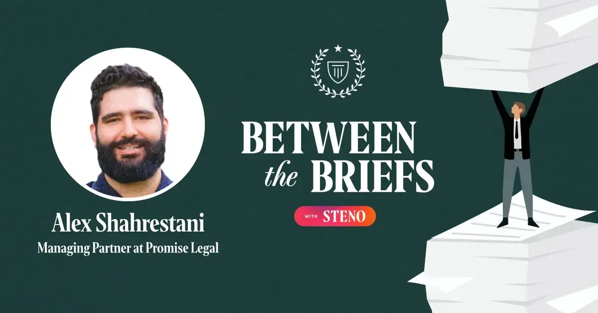 Between the Briefs episode overview with headshot of guest Alex Shahrestani