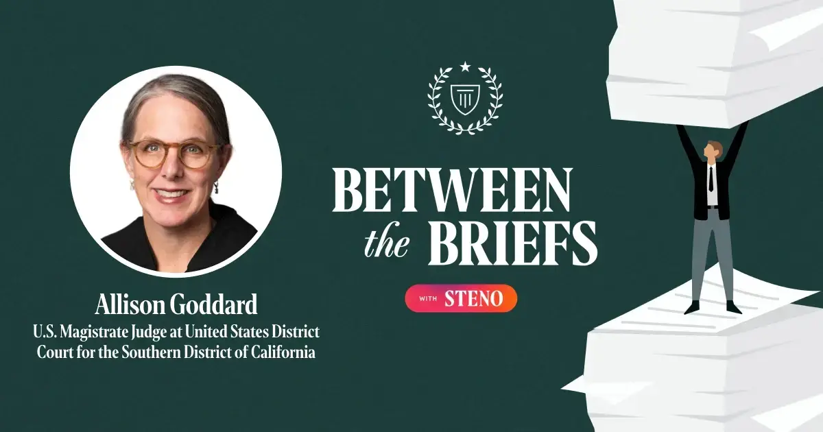 Between the Briefs episode overview with headshot of guest Judge Allison Goddard