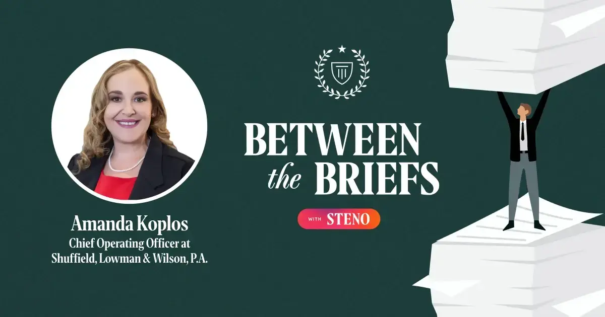 Between the Briefs episode overview with headshot of guest Amanda Koplos