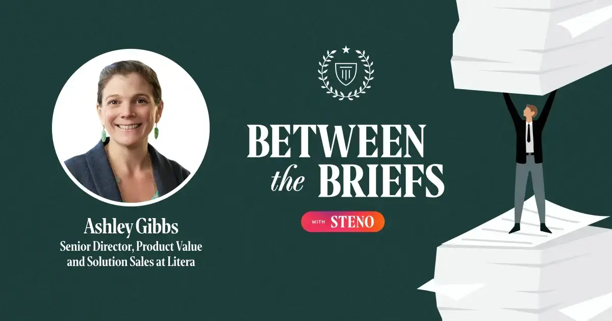 Between the Briefs episode overview with headshot of guest Ashley Gibbs