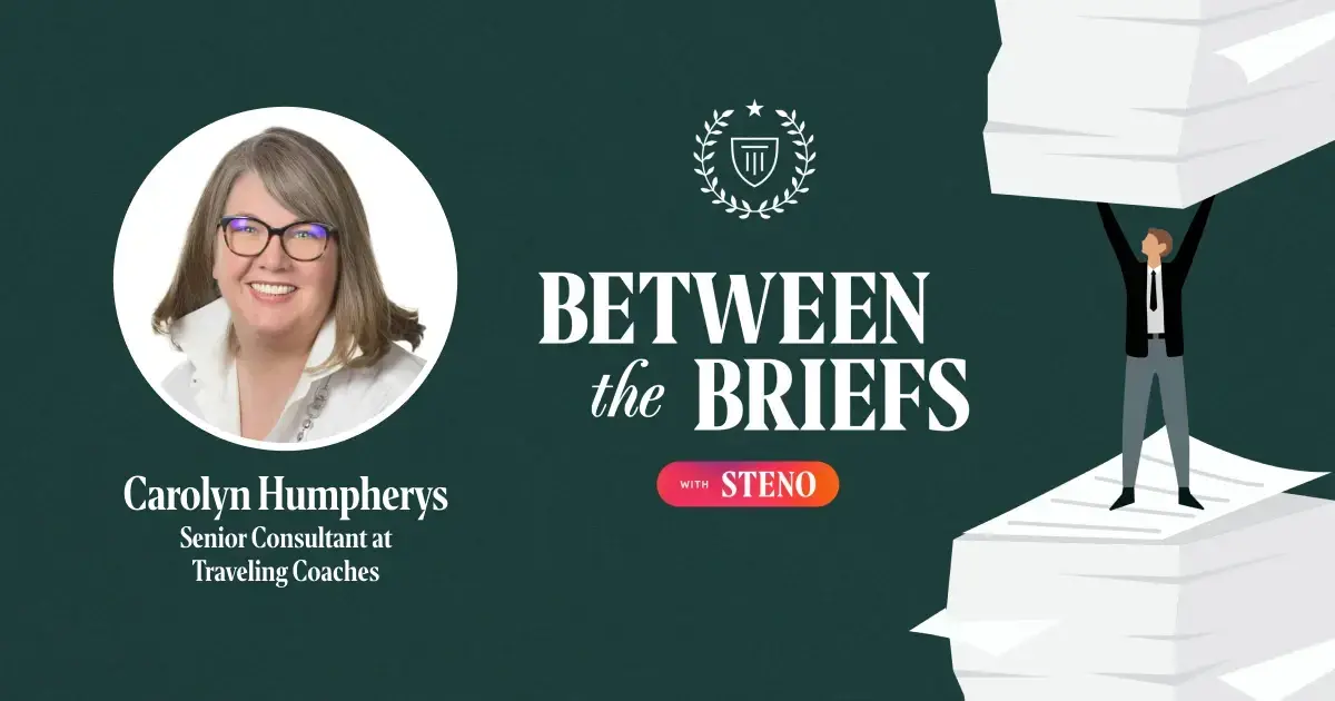Between the Briefs episode overview with headshot of guest Carolyn Humpherys