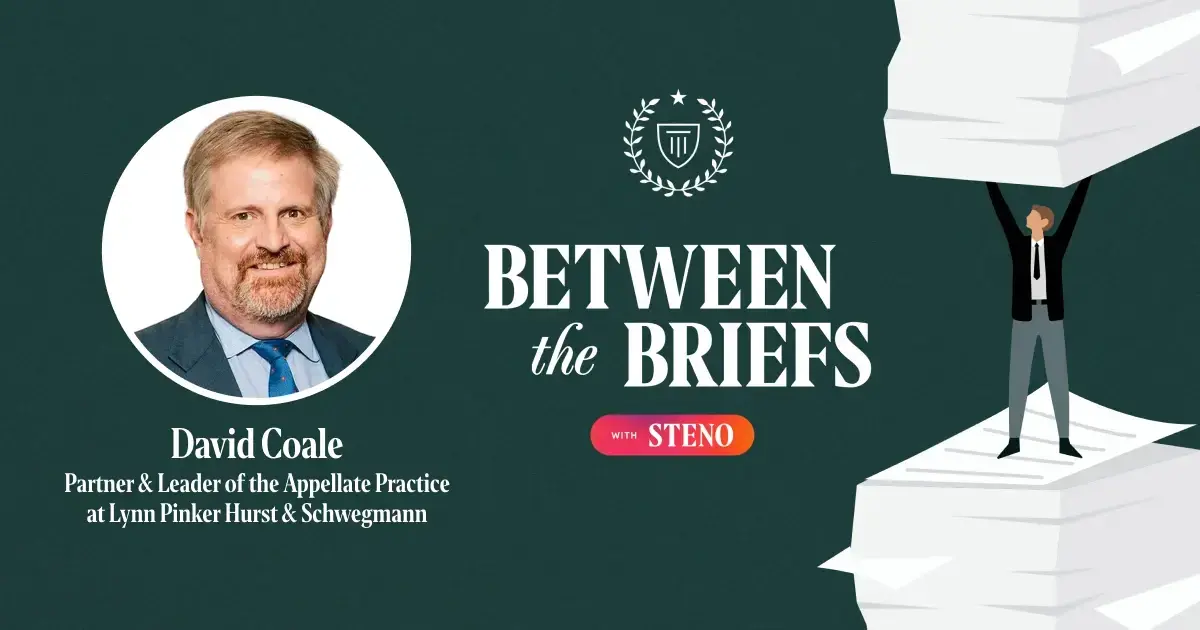 Between the Briefs episode overview with headshot of guest David Coale
