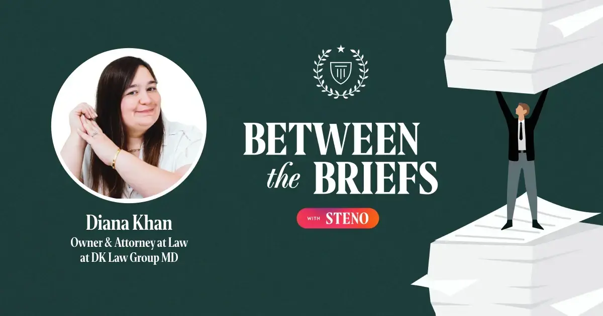 Between the Briefs episode overview with headshot of guest Diana Khan
