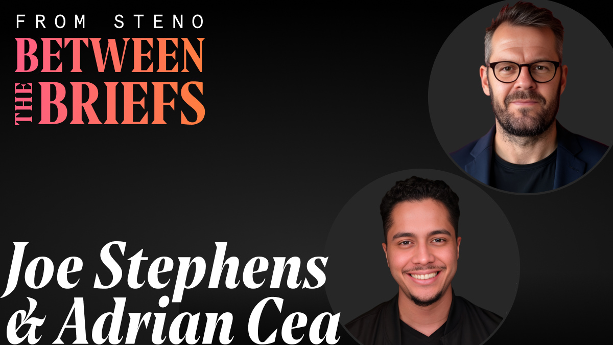 Between the Briefs title card with headshots of hosts Joe Stephens and Adrian Cea