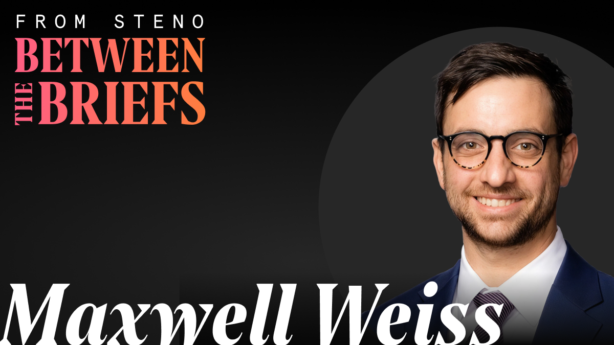 Between the Briefs title card with headshots of guest Maxwell Weiss