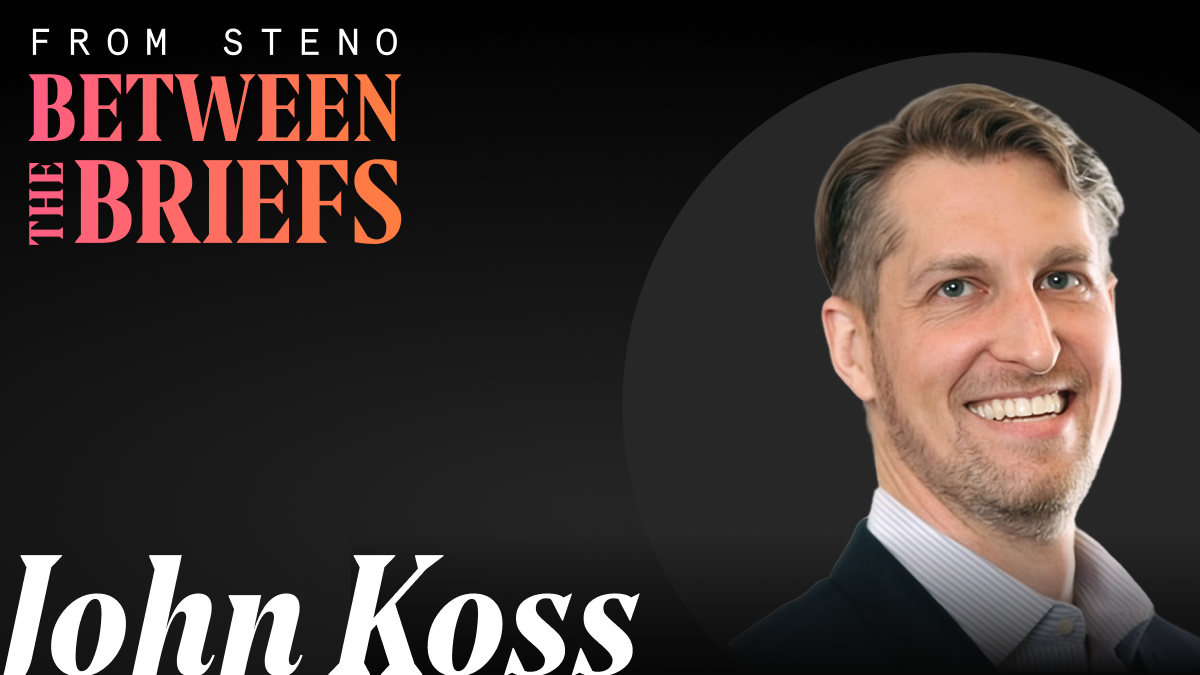 Title page for Between the Briefs with headshot of guest John Koss