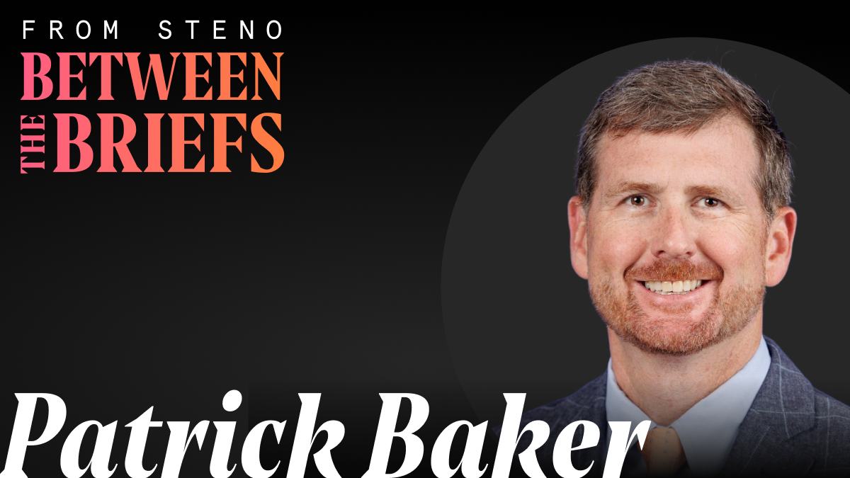 Between the Briefs title card with headshot of guest Patrick Baker