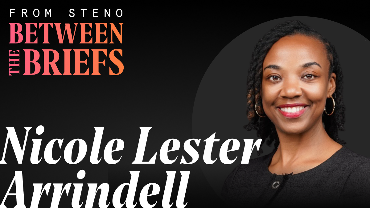 Between the Briefs title card with headshot of guest Nicole Lester Arrindell