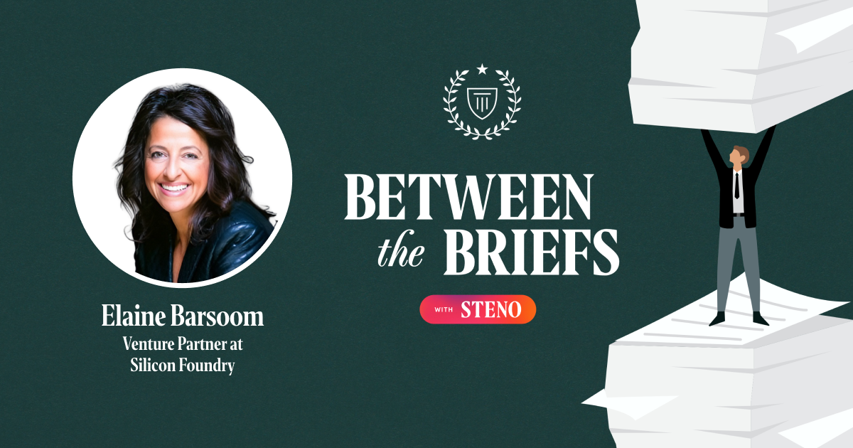 Between the Briefs title card with headshot of guest Elaine Barsoom