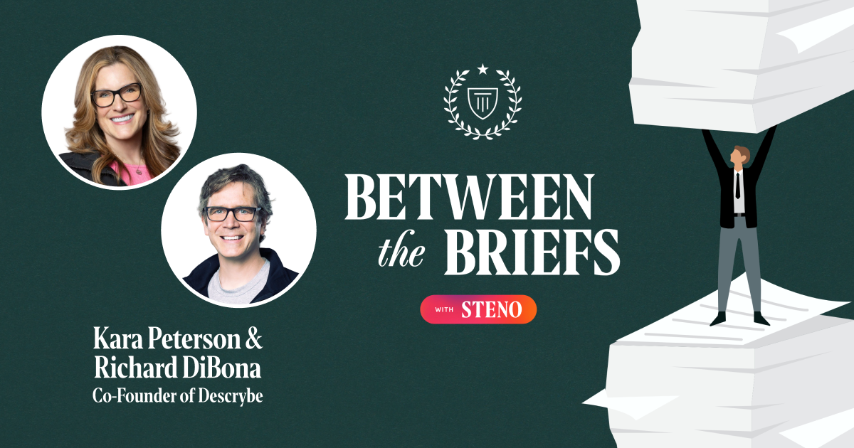 Between the Briefs title card with headshot of guests Kara Peterson and Richard DiBona
