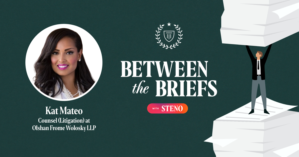 Between the Briefs title card with headshot of guest Kat Mateo