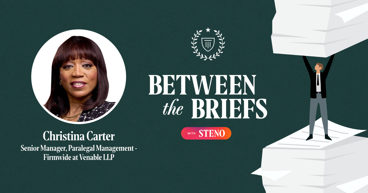 Between the Briefs title card with headshot of guest Christina Carter