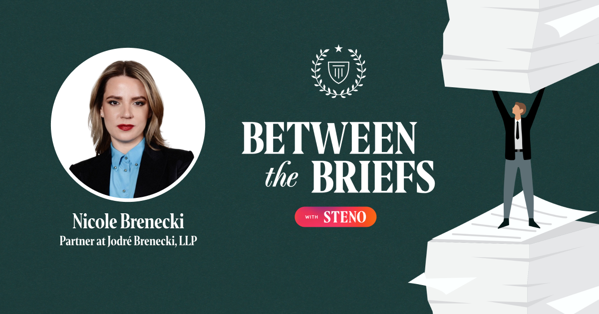 Between the Briefs title card with headshot of guest Nicole Brenecki