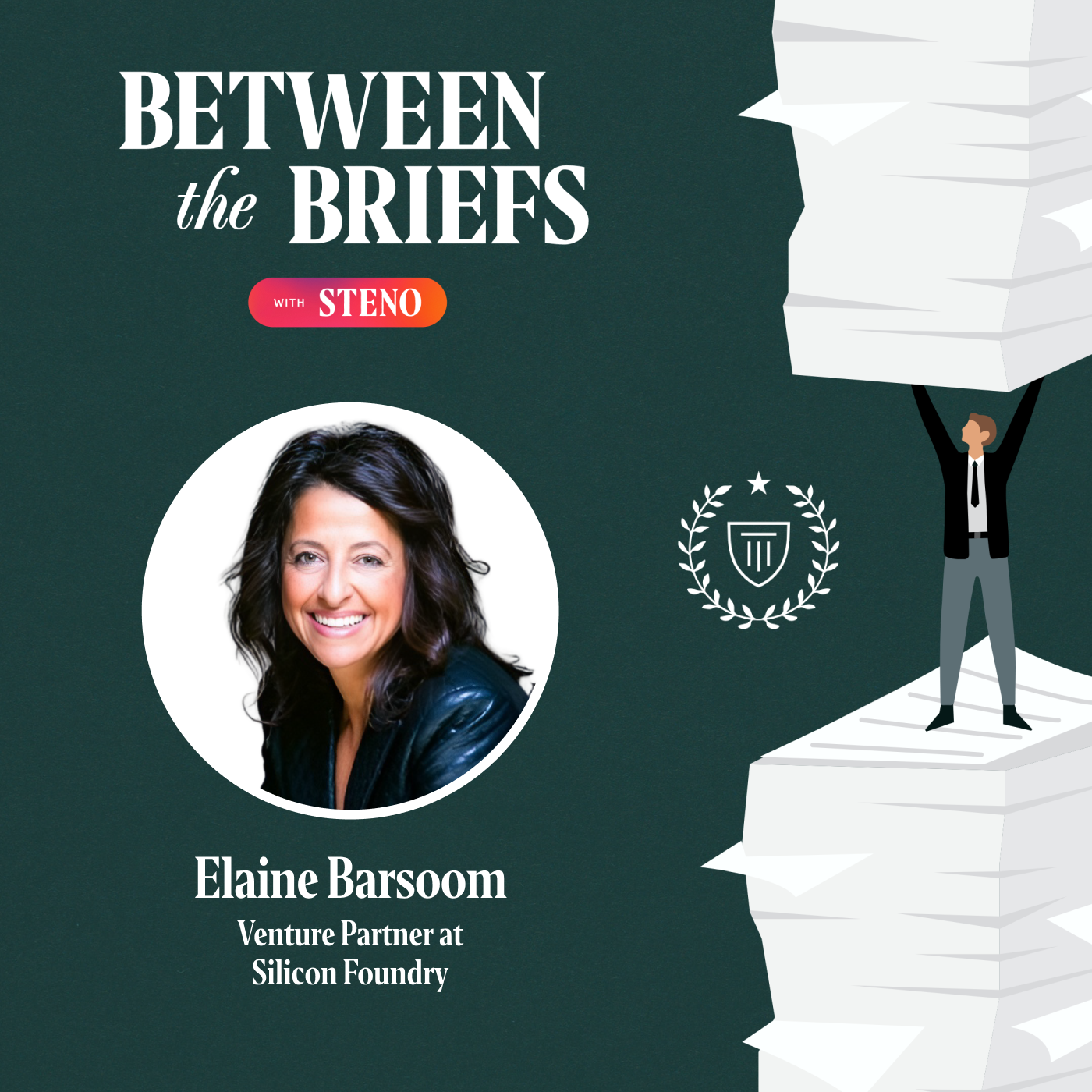 Between the Briefs title card with headshot of guest Elaine Barsoom