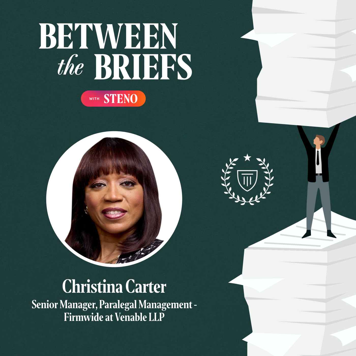 Between the Briefs title card with headshot of guest Christina Carter