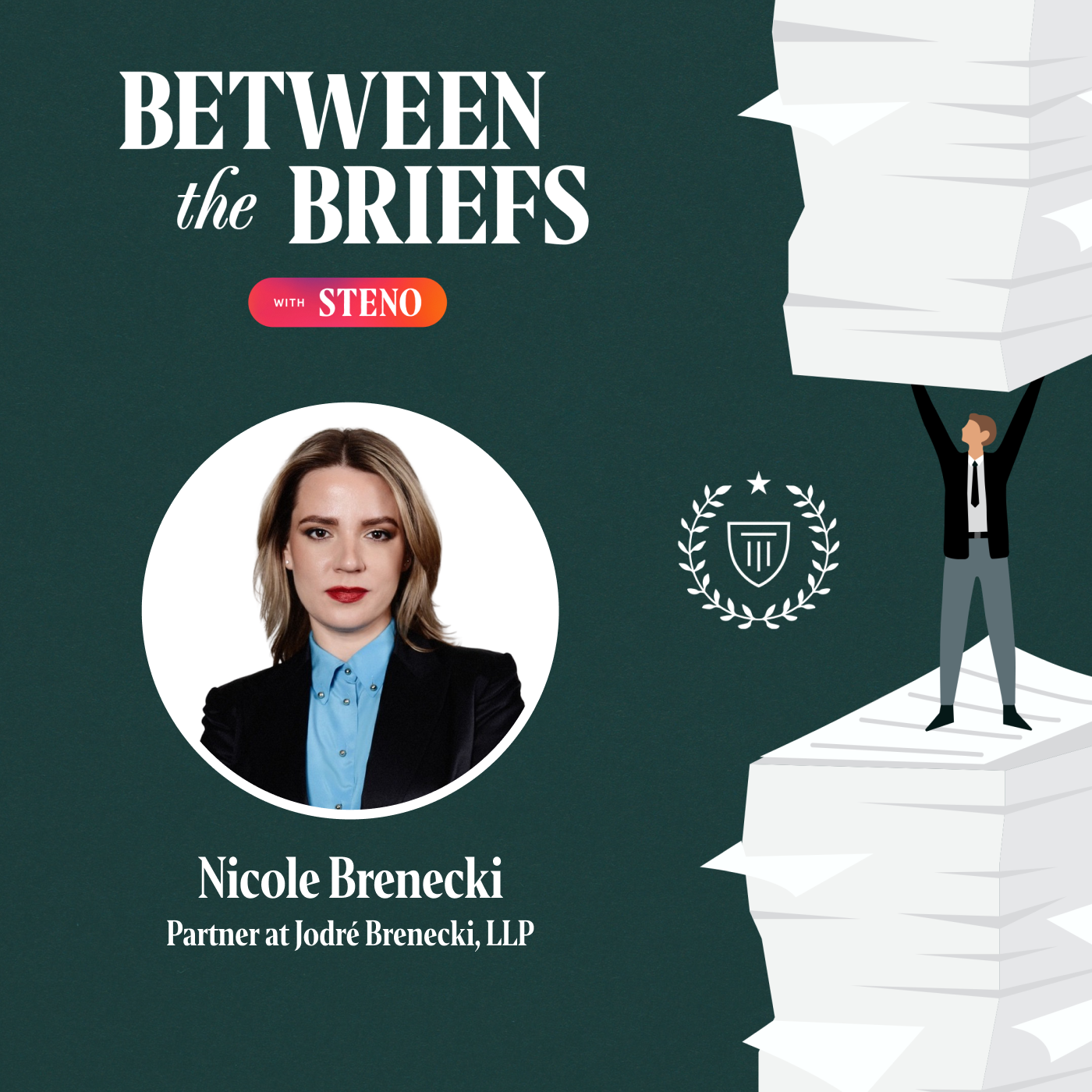 Between the Briefs title card with headshot of guest Nicole Brenecki