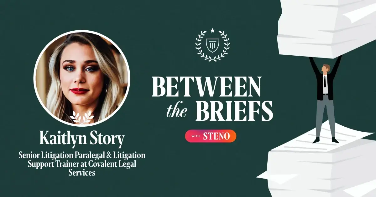 Between the Briefs episode overview with headshot of guest Kaitlyn Story