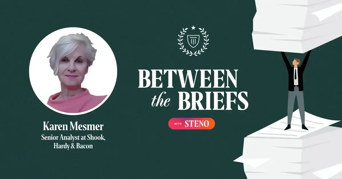 Between the Briefs episode overview with headshot of guest Karen Mesmer