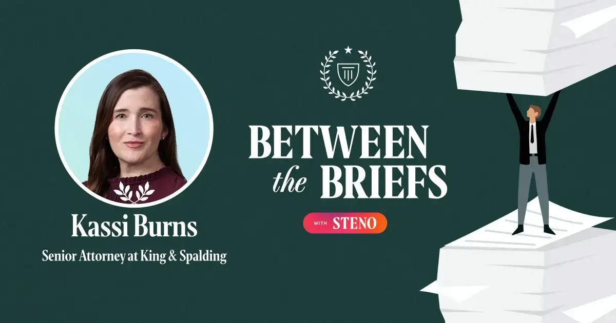 Between the Briefs episode overview with headshot of guest Kassi Burns