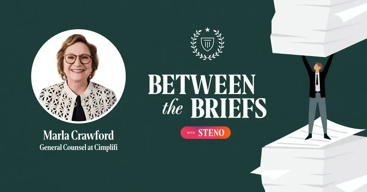 Between the Briefs episode overview with headshot of guest Marla Crawford
