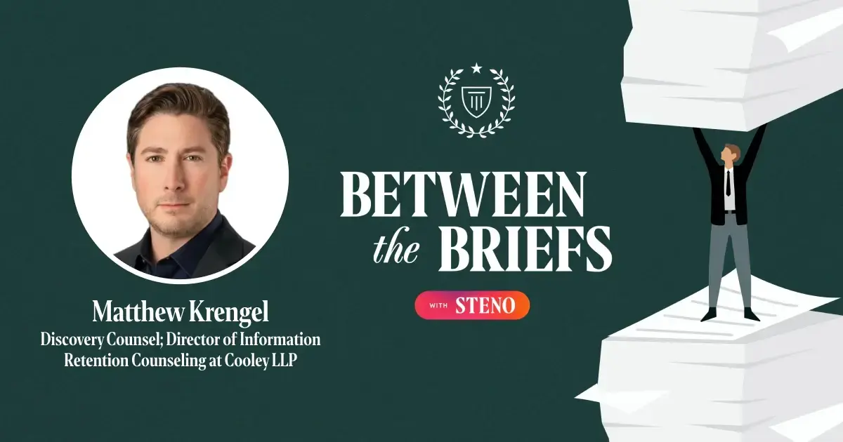 Between the Briefs episode overview with headshot of guest Matthew Krengel