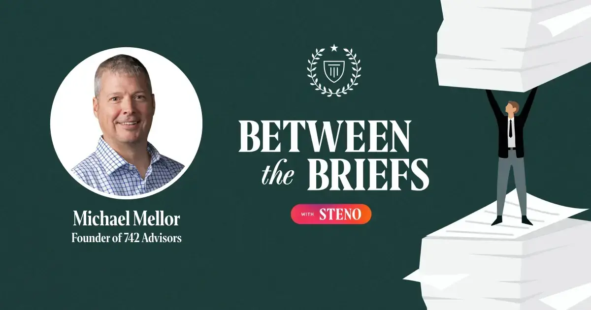 Between the Briefs episode overview with headshot of guest Michael Mellor