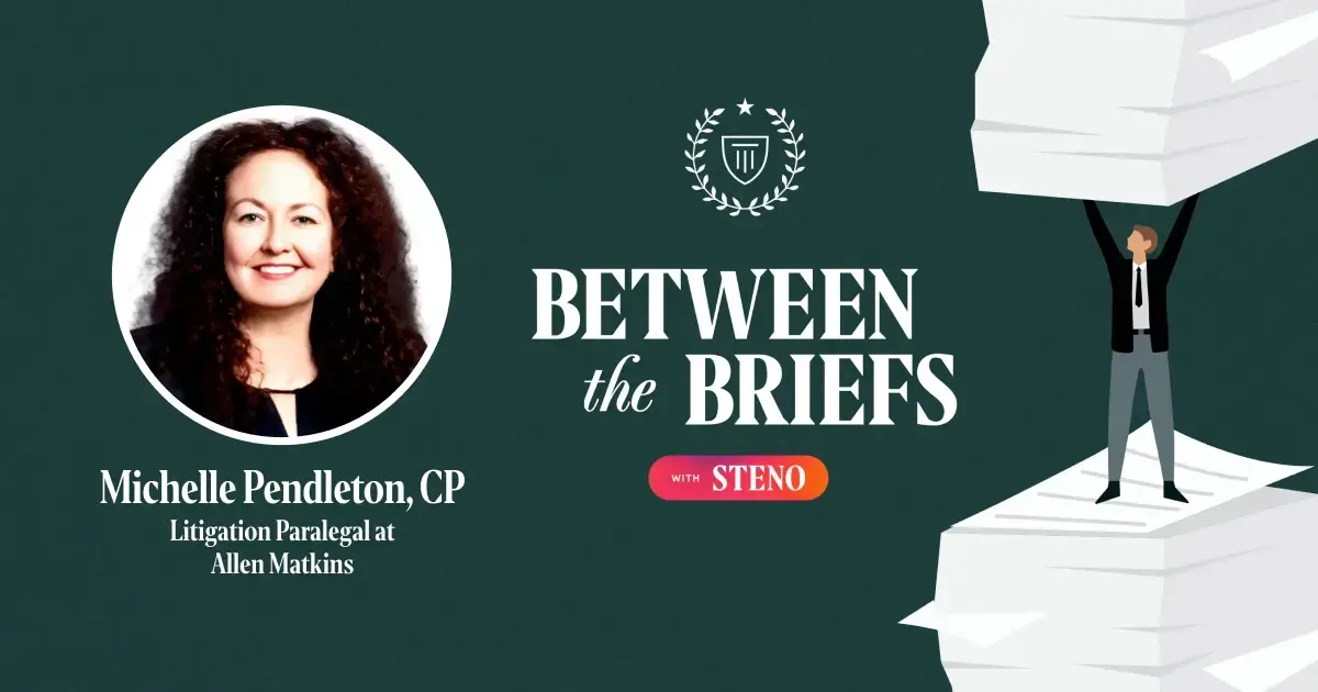 Between the Briefs episode overview with headshot of guest Michelle Pendleton