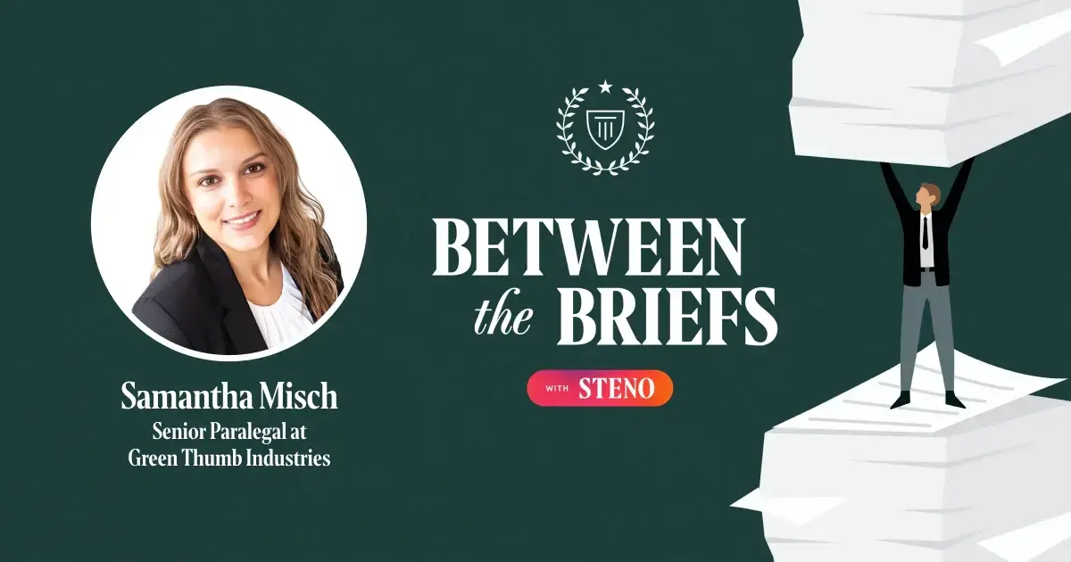 Between the Briefs episode overview with headshot of guest Samantha Misch