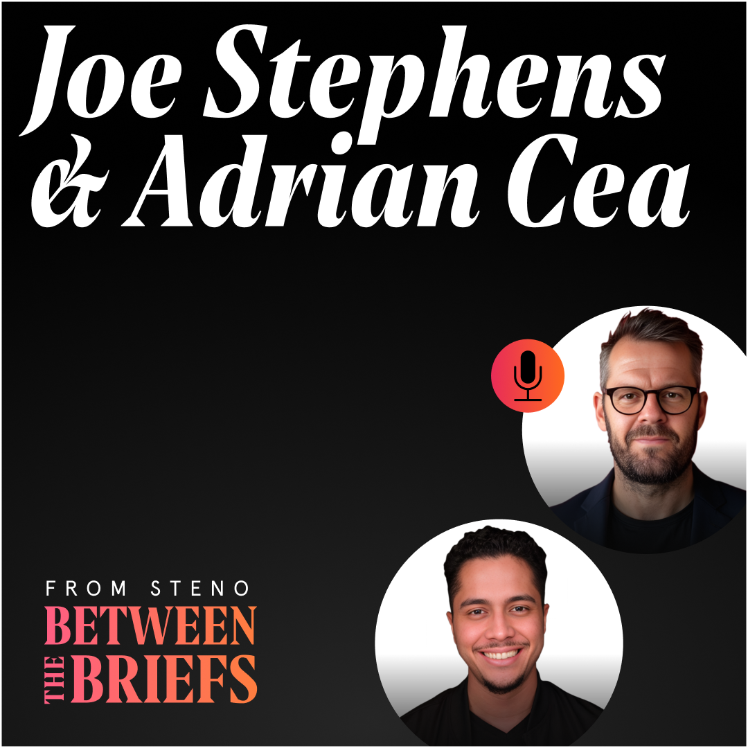 Between the Briefs title card with headshots of hosts Joe Stephens and Adrian Cea
