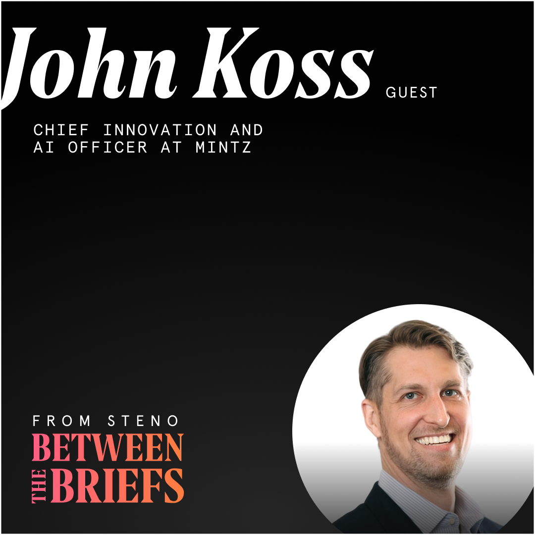 Title page for Between the Briefs with headshot of guest John Koss
