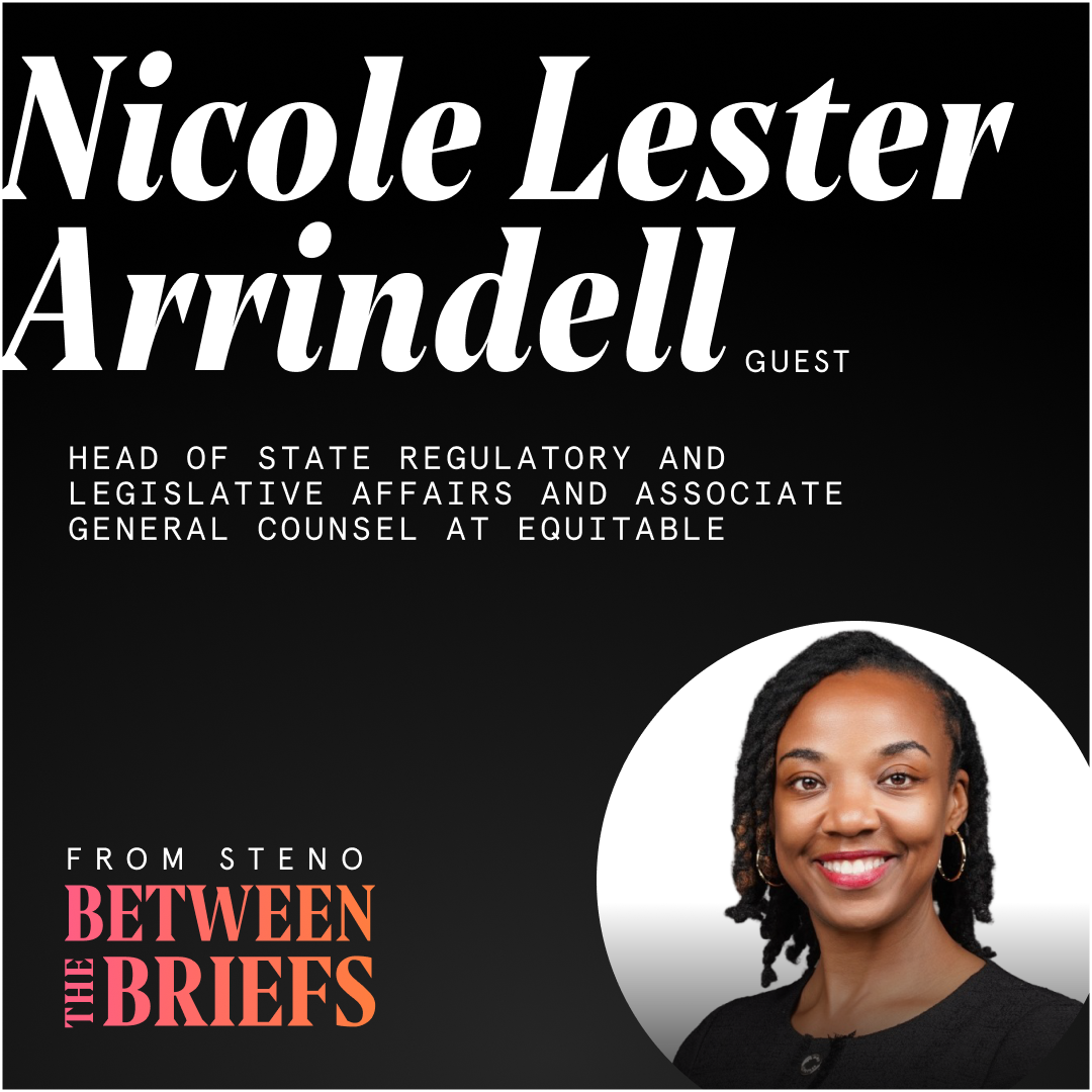 Between the Briefs title card with headshot of guest Nicole Lester Arrindell