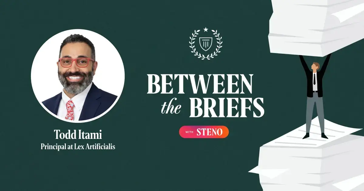 Between the Briefs episode overview with headshot of guest Todd Itami