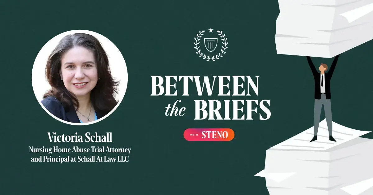 Between the Briefs episode overview with headshot of guest Victoria Schall