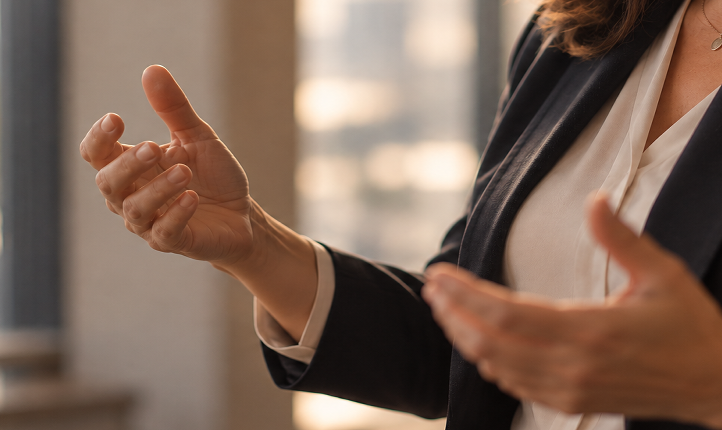 Woman gesturing with her hands to an unseen audience, promoting a CLE offered through Lawline
