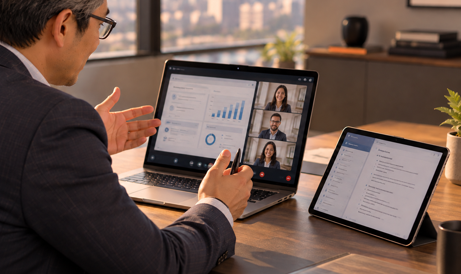 Man on a video call on a laptop while referencing a tablet, promoting a CLE offered through Lawline