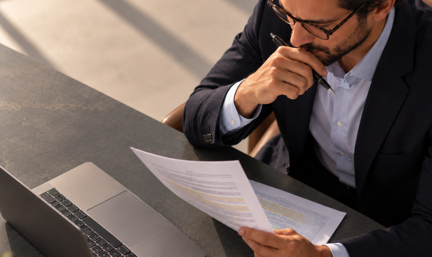 Man reading a sheet of paper in front of a laptop, promoting a CLE offered through Lawline