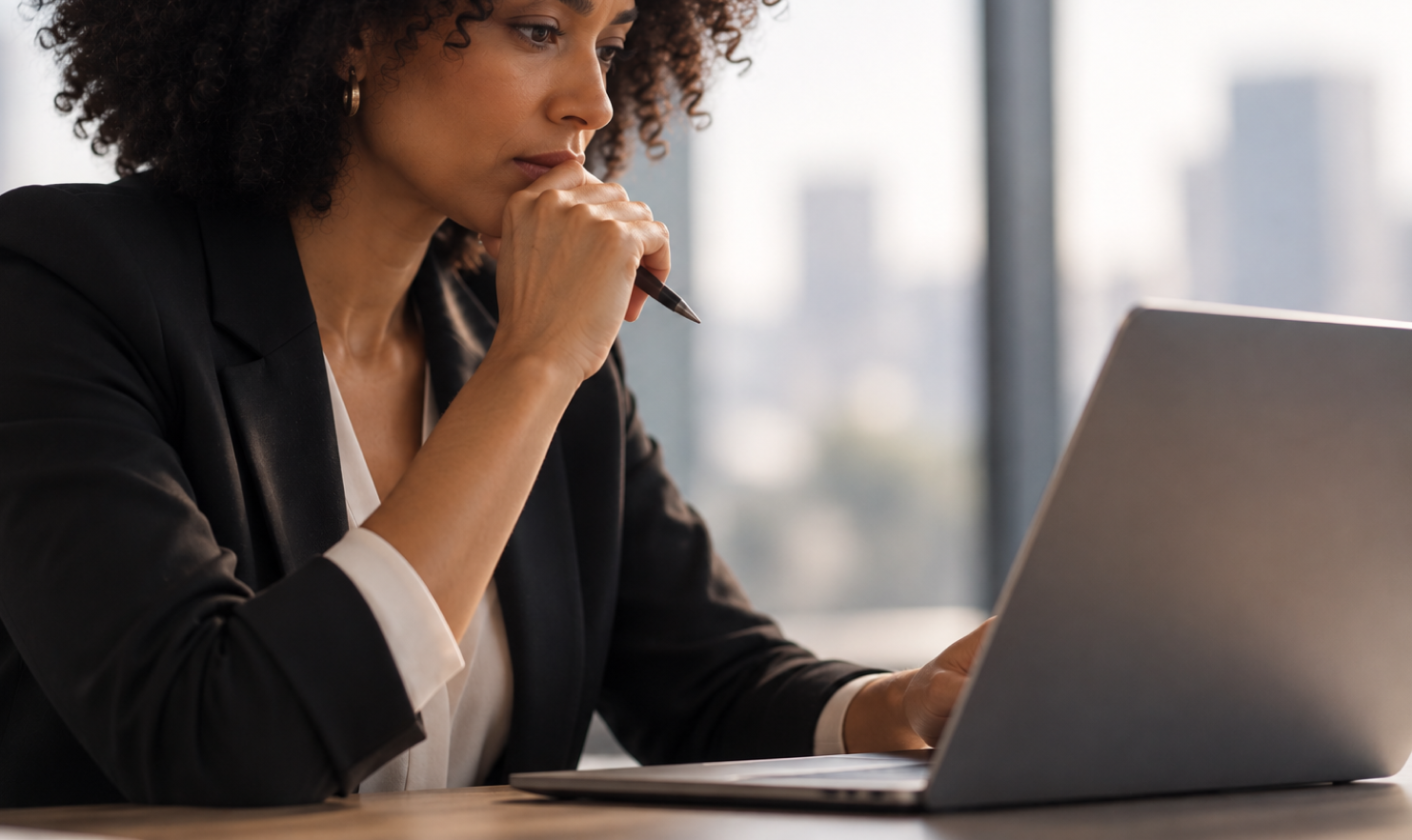 Woman considering something on her laptop, promoting a CLE offered through Lawline