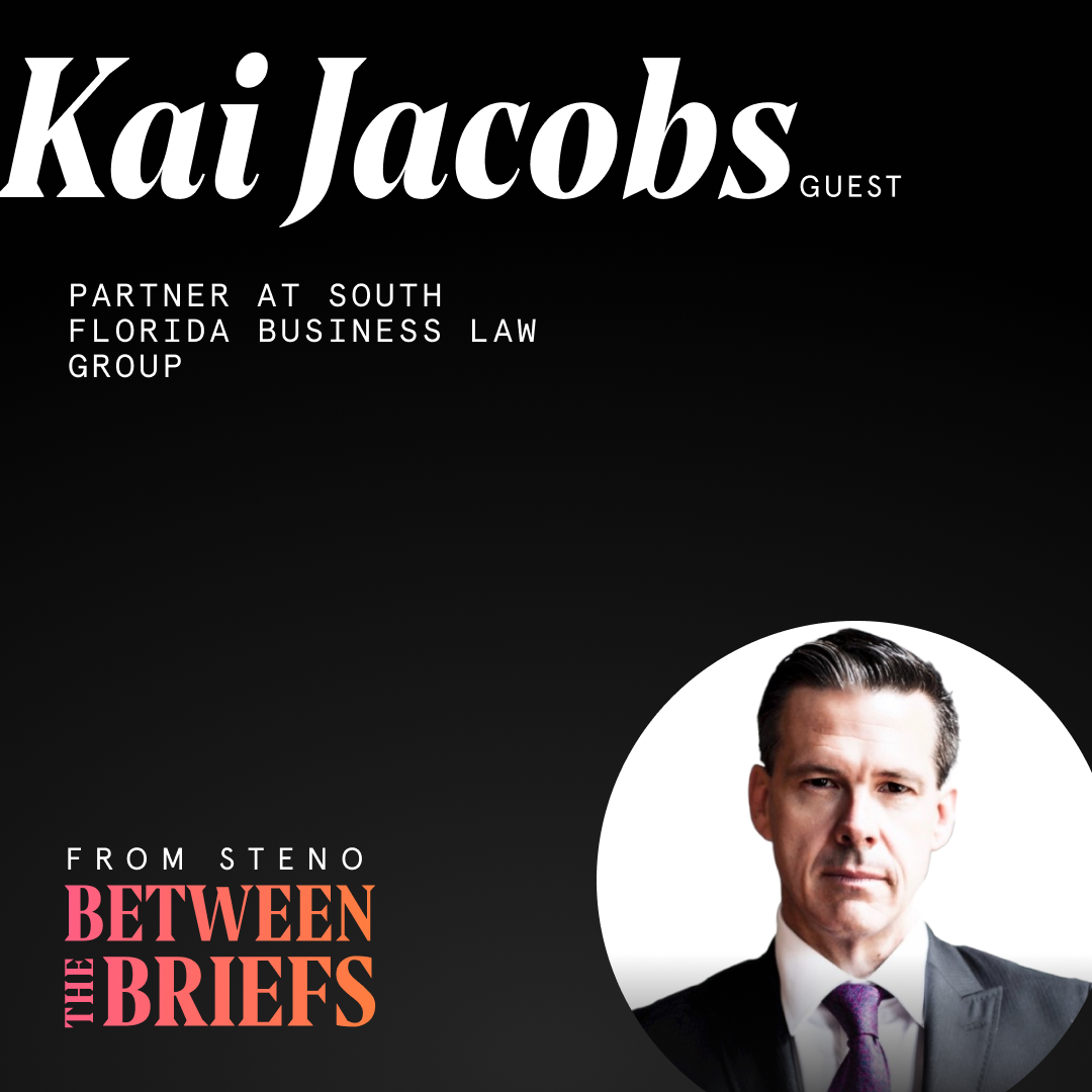 Between the Briefs title card with headshot of guest Kai Jacobs